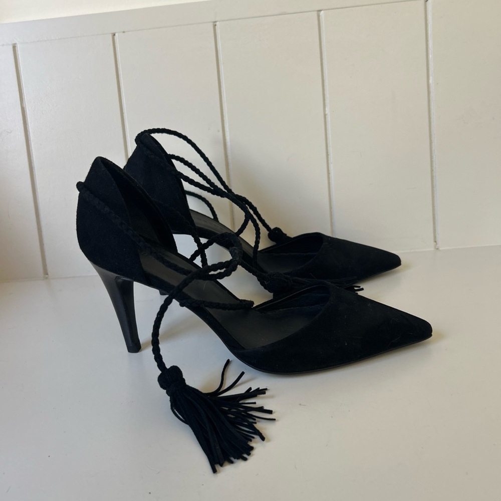 Jenni Kayne Black Suede Heels with Tassel Detail